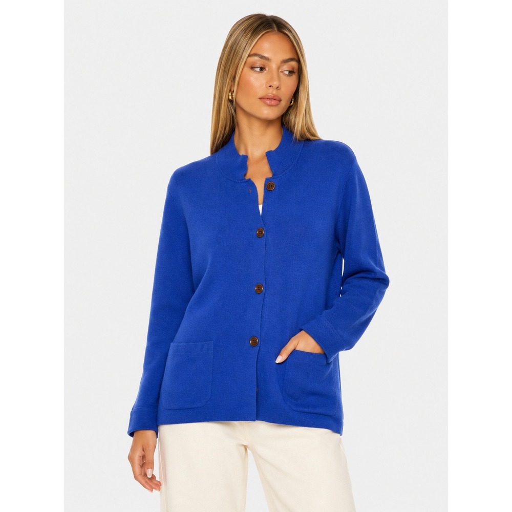 Poetry Blue Button Front Pockets Mock Neck Knit Cardigan Sweater L